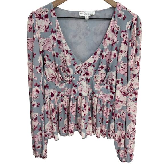Brea Canyon Blue & Pink Floral Mesh Long Sleeve Top Size Large - Picture 1 of 7